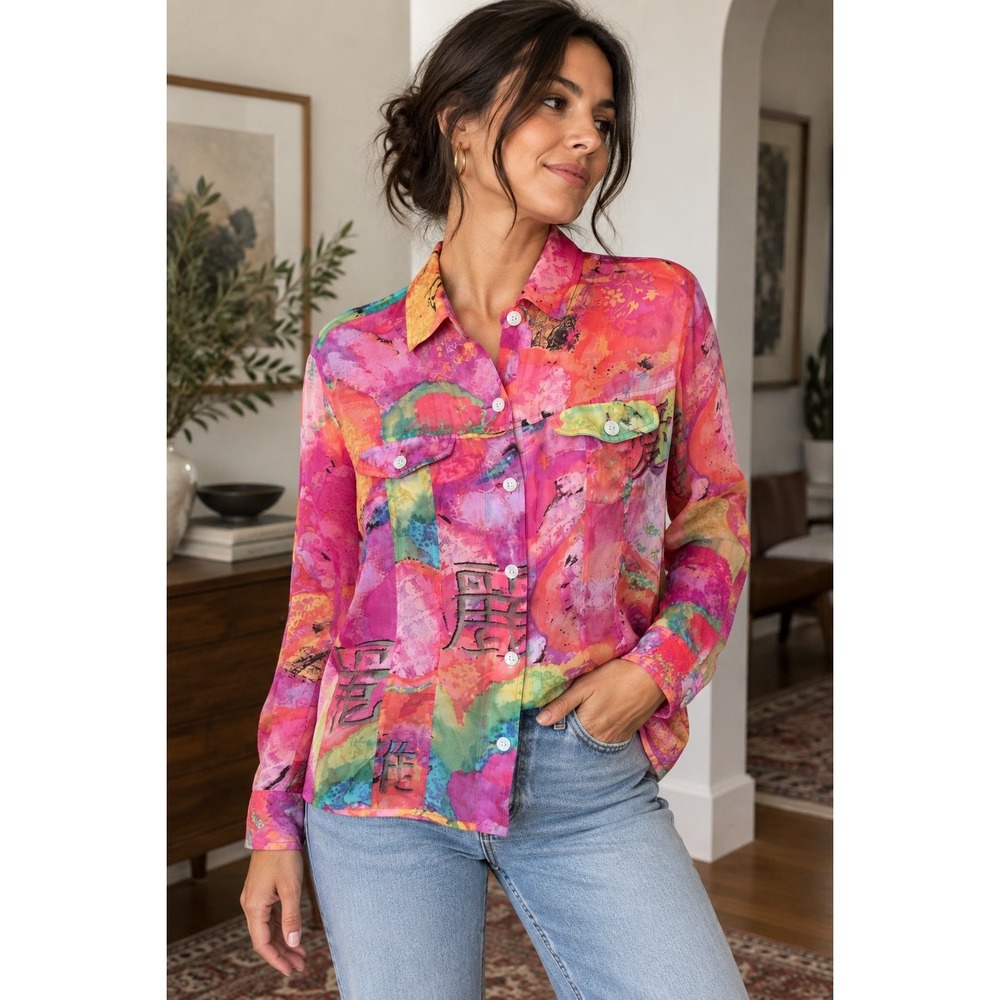 Chico's Abstract Calligraphy Blouse 100% Silk Button Front Multicolor Size 0